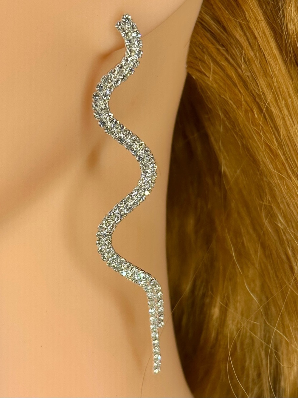 Rhinestone Wave Statement Earrings – Silver Tone Dangle Glam Sparkle